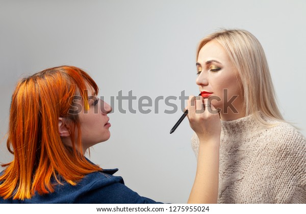 Makeup Artist Girl Red Hair Puts Beauty Fashion Industrial