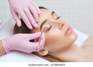 The makeup artist plucks the eyebrows after the coloring procedure. Professional make-up and face care. - Powered by Shutterstock