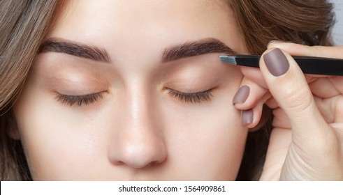 Make-up artist plucks eyebrows with tweezers to a woman. Beautiful thick eyebrows close up. Makeup and Cosmetology concept.