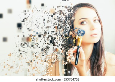 Makeup Artist Woman Doing Make-up. Using Cosmetic Brush Applying Eye Shadow On Face For Yourself. Photo Effect Of Pixelated Decomposition. Beauty Salon With White Background