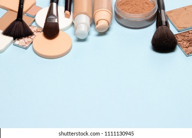 Make-up Background With Free Space For Text. Makeup Products For Creating Perfect Skin Tone: Concealer, Primer, Foundation, Cosmetic Powder