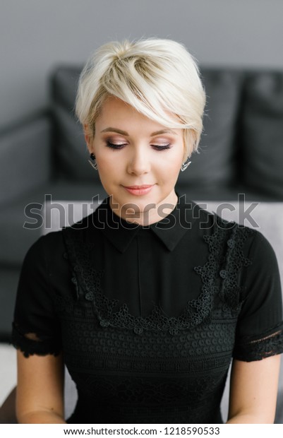 Makeup Beautiful Blonde Short Asymmetrical Haircut People