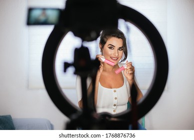 Makeup Beauty Fashion Blogger Recording Video Presenting Makeup Cosmetics At Home Influencer On Social Media Concept.