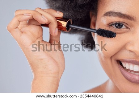 Makeup, beauty and portrait of woman with mascara in studio for wellness, skincare product and cosmetics. Salon, aesthetic and half face of person with eyelash wand for glamour, makeover and glow