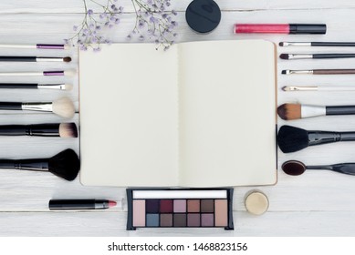 Makeup Blank Page Guide Book With A Copy Space On Yellow Wooden Table Background.