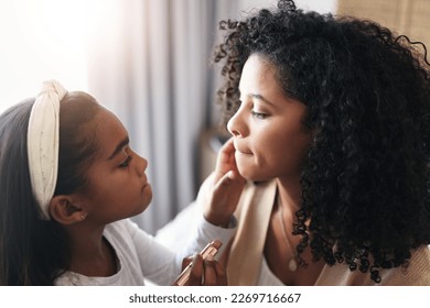 Makeup, bonding and child with mother for lipstick, applying cosmetics and morning routine. Beauty, together and mom and girl kid playing with cosmetic fun, childhood and quality time at home - Powered by Shutterstock