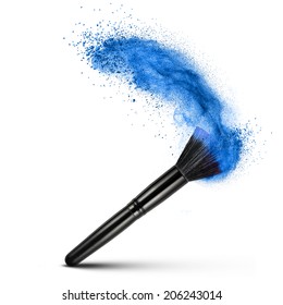 Makeup Brush With Blue Powder Isolated On White