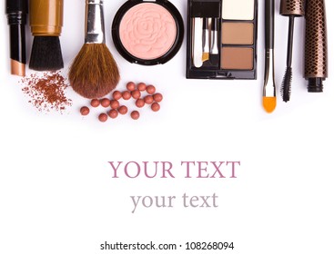 Makeup Brush And Cosmetics, On A White Background Isolated, With Clipping Path