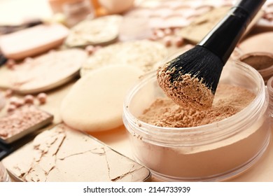 Makeup brush and facial loose powder on make up products for perfect complexion background, selective focus, shallow DOF, toned image - Shutterstock ID 2144733939