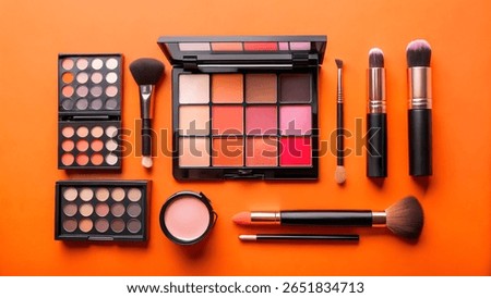 Makeup Brush and Palette Flat Lay on Orange Background