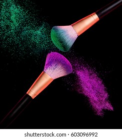 Makeup Brush Powder Explosion On Black Background