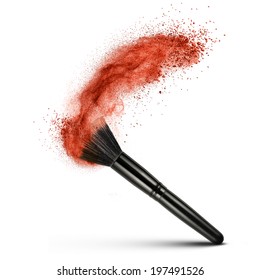 Makeup Brush With Red Powder Isolated On White