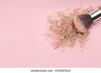 Makeup Brush And Scattered Face Powder On Pink Background, Top View. Space For Text