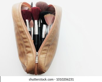 Makeup Brush Set In Bag On White Background