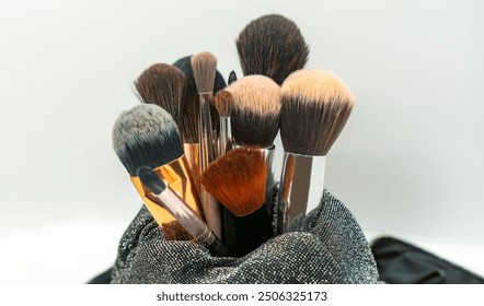 Makeup Brush set puff for model shoot for compact, eye shadow, blush, foundation, eyebrow Isolated