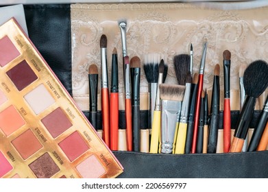 Makeup Brushes Are In A Drawer At The Makeup Artist's Workplace. Close-up