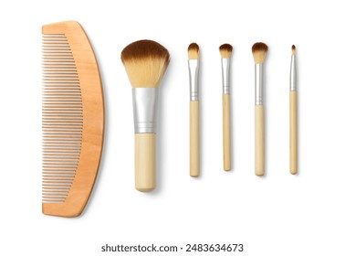 Makeup brushes isolated. Collage set of five new wooden professional make up brushes isolated on a white background. Concept beauty