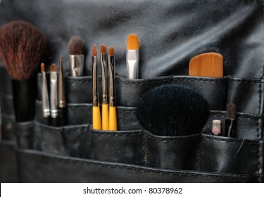 Make-up brushes in a leather bag