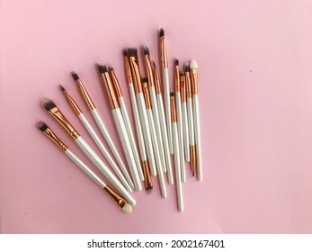 makeup brushes on a bright background. Makeup artist's tool for creating a cute summer look. skin texture, party makeup.