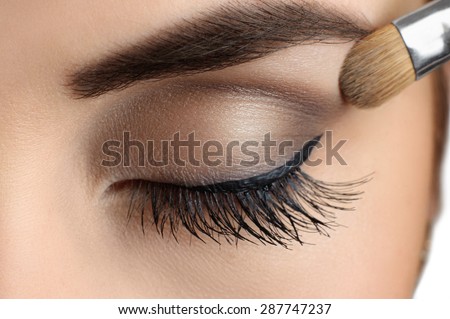 Makeup close-up. Eyebrow makeup, long eyelashes, brush. 