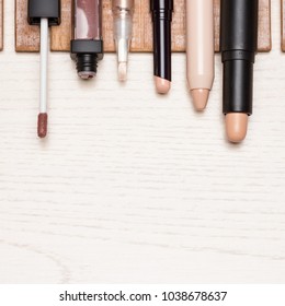 Make-up concealers set. Various correctors to hide skin imperfections. Top view, copy space