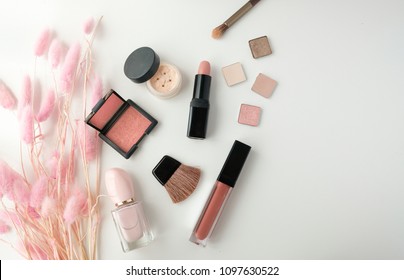 Makeup Cosmetic Product. Beauty Fashion Pink Flat Lay .