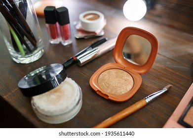 Makeup Cosmetic Set On The Table Closeup, Nobody