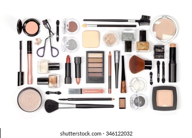 makeup cosmetics and brushes on white background  - Shutterstock ID 346122032