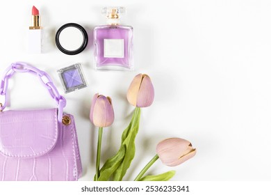 Makeup cosmetics tools background and beauty cosmetics, products and facial cosmetics package with flower purple tulip. Lifestyle Concept, copy space for text - Powered by Shutterstock