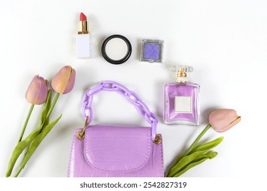 Makeup cosmetics tools background and beauty cosmetics, products and facial cosmetics package with flower purple tulip. Lifestyle Concept, copy space for text - Powered by Shutterstock