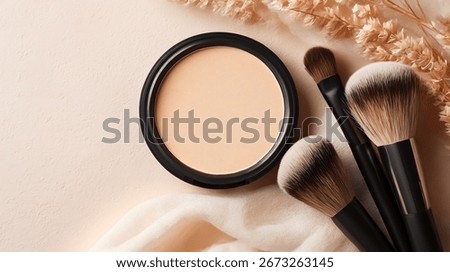 Makeup Essentials: An elegant composition featuring a compact powder, a brush and other beauty essentials, offering a sophisticated display of personal care