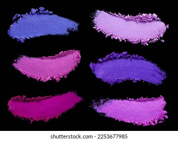 Make-up eye shadow texture purple fuchsia smudge swatches isolated on black background
