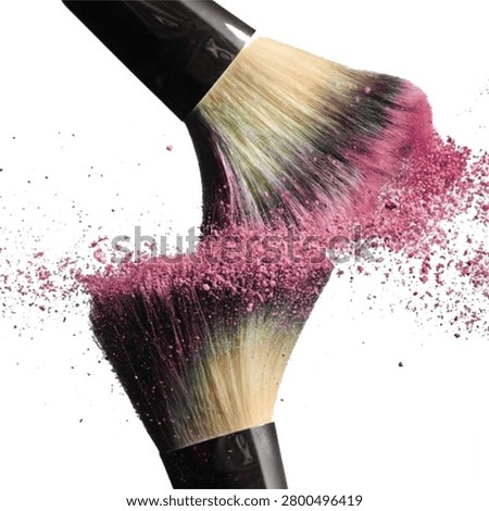 Makeup flat brush pink blush powder explosion splash closeup isolated white