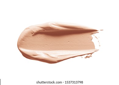 Makeup Foundation, Concealer Swatch Smudge Smear Isolated On White Background. Nude Make Up Base Brushstroke, Swipe. Light Brown Liquid Powder Cream Texture