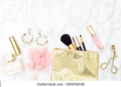 ?osmetics For Makeup Gold With Pink. Flat Lay