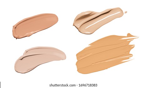 Makeup Liquid Foundation, Beige Concealer Smears Set. Light Brown Cosmetic Make Up Base Cream Swatch Smudge Isolated On White Background. BB CC Cream Texture