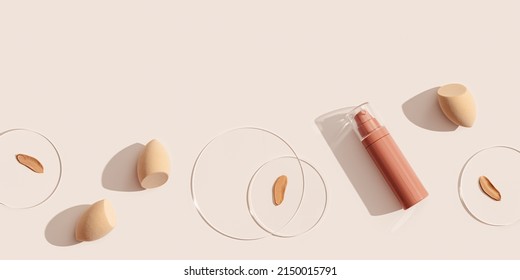 Makeup Liquid Foundation Nude Cream Cosmetic Bottle Mockup, Swatches On Glass Disk, Beauty Blender, Sponges, Make Up Puff On Beige Background, Wide Banner. Tonal Bb Cream For Nude Skin Color