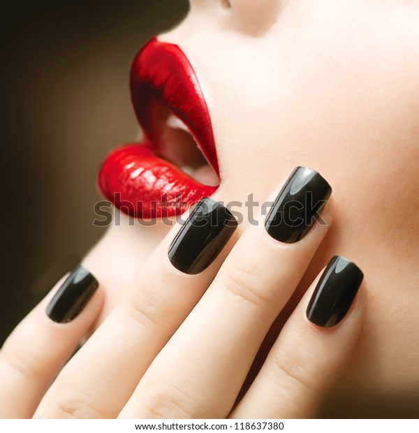 Makeup and\
Manicure. Black Nails and Red\
Lips