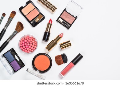 Makeup professional cosmetics on white background. Top view with copy space. - Shutterstock ID 1635661678