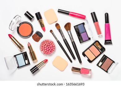 Makeup professional cosmetics on white background. Top view with copy space. - Shutterstock ID 1635661693