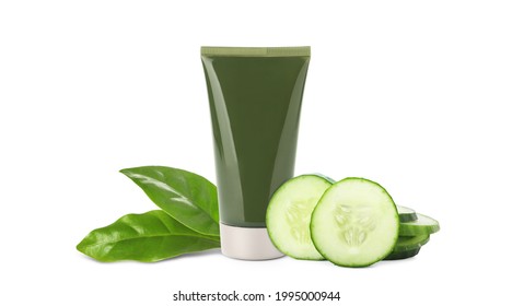 Makeup remover, fresh cucumber and green leaves on white background