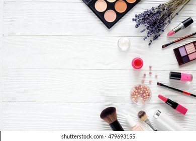 Makeup Set On White Table With Lavender Top View