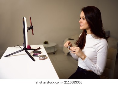 Makeup Teaching Using Ring Light During Live Streaming By Woman.