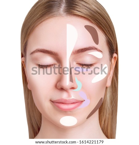 Make-up template with concealer of female face. Over white background.