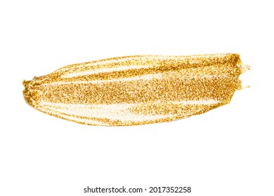 Makeup texture. Golden glitter smear of paint, nail polish, face mask on white background isolated. Cosmetic products.