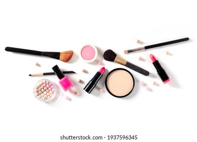 Makeup Tools, Shot From The Top On A White Background With A Place For Text