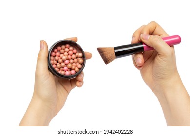 Makeup Tools. Woman's Hand Holding A Makeup Brush Decorative Blush Ball. Blush Box And Blush Brush