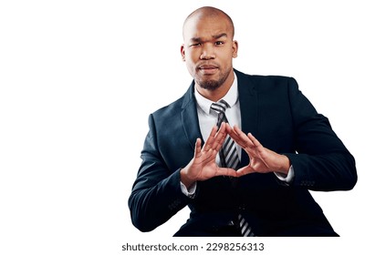 Making all the right business gestures. Studio shot of a handsome young businessman making a triangle shape with his hands against a white background. - Powered by Shutterstock