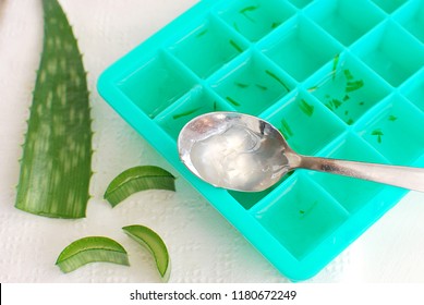 Making Aloe Vera Ice Cubes For Sunburn Treat, Top View.