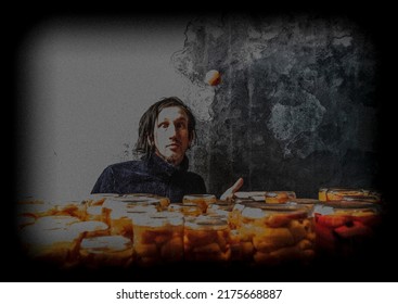 Making of apricot compote on wooden table interior middle of summer in cellar with black hair man - Shutterstock ID 2175668887